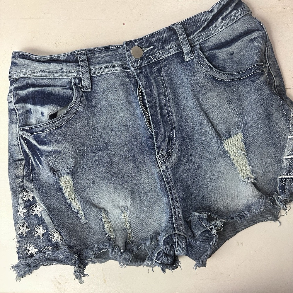 Denim Shorts Teen  Large Distressed Embroidery Pockets Stars Junior
